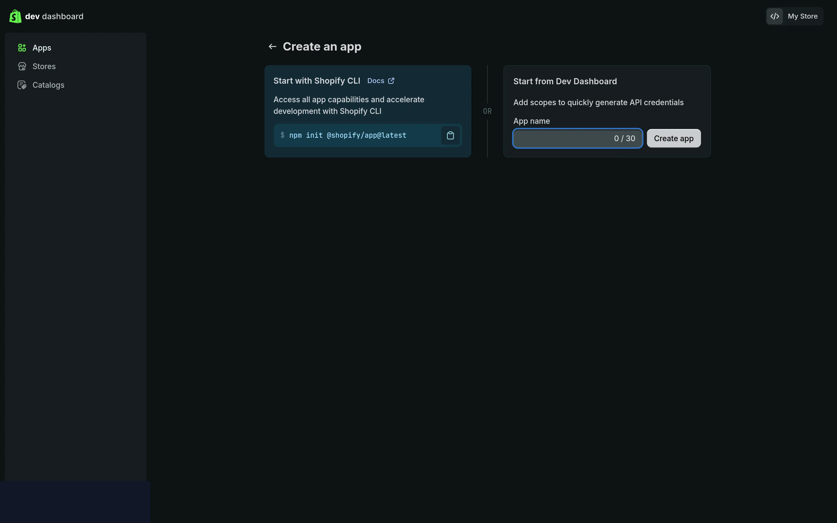 La schermata per creare un'app nel Dev Dashboard, con il campo del nome e il pulsante per creare