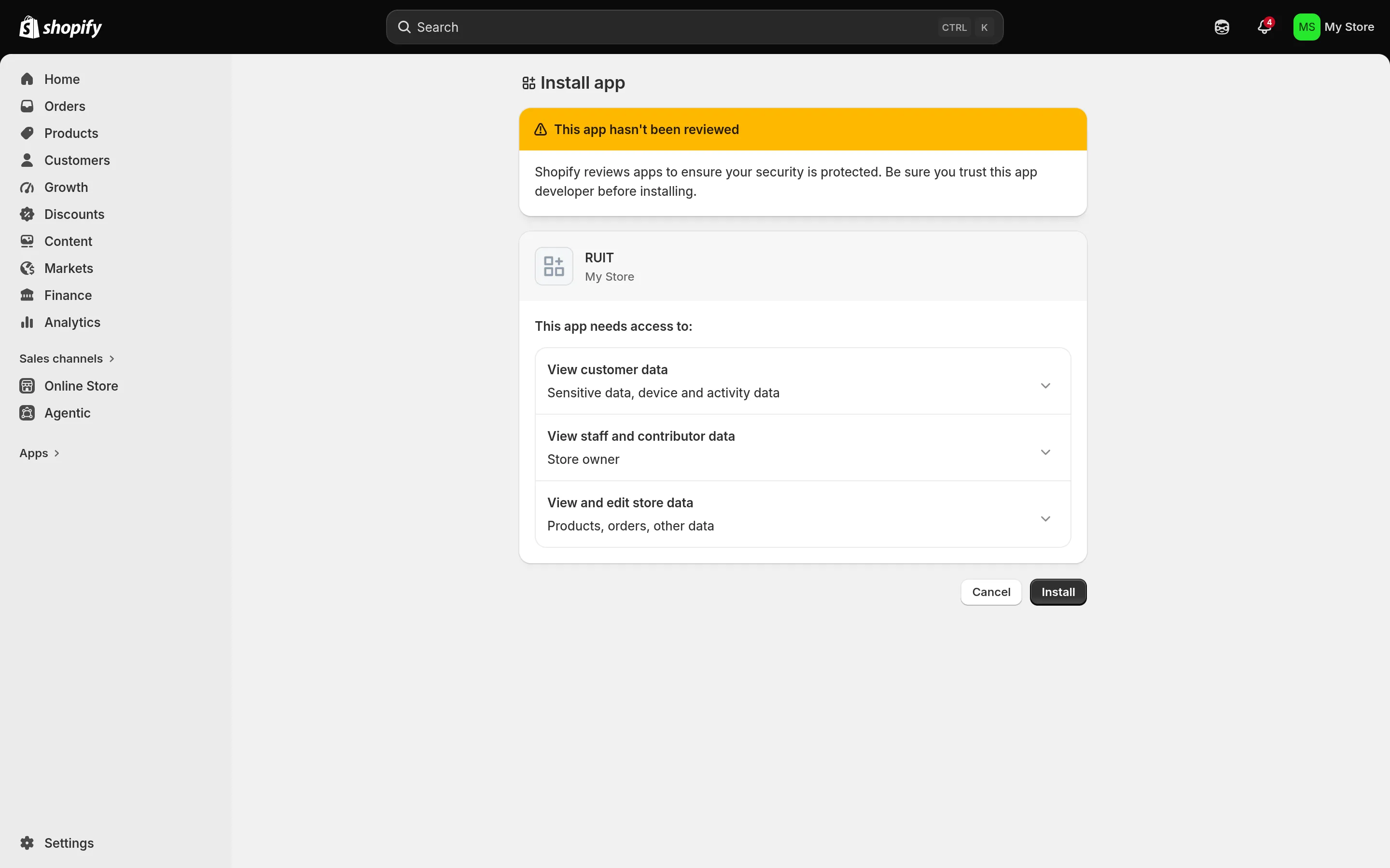 La schermata di installazione dentro il pannello del negozio, con i permessi che l'app chiede e i pulsanti per annullare e installare
