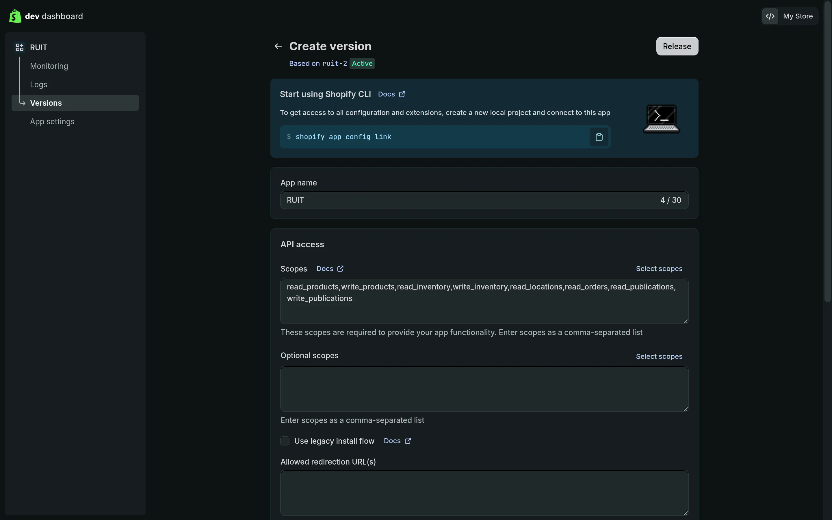 Il campo `Scopes` del Dev Dashboard con gli otto permessi incollati come un elenco separato da virgole