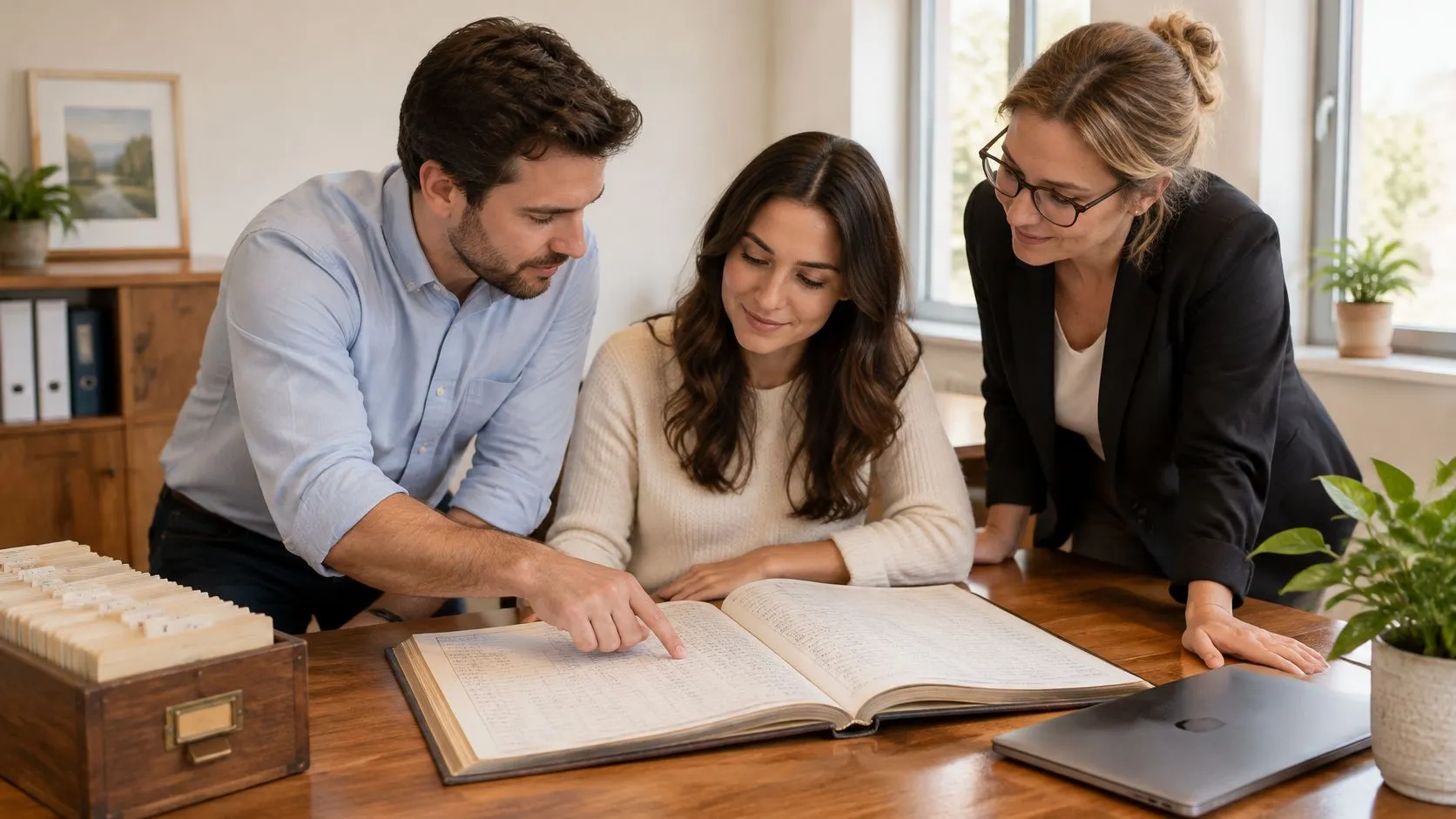 Un hombre y dos mujeres consultando un libro antiguo de registros en una oficina profesional de negocios.