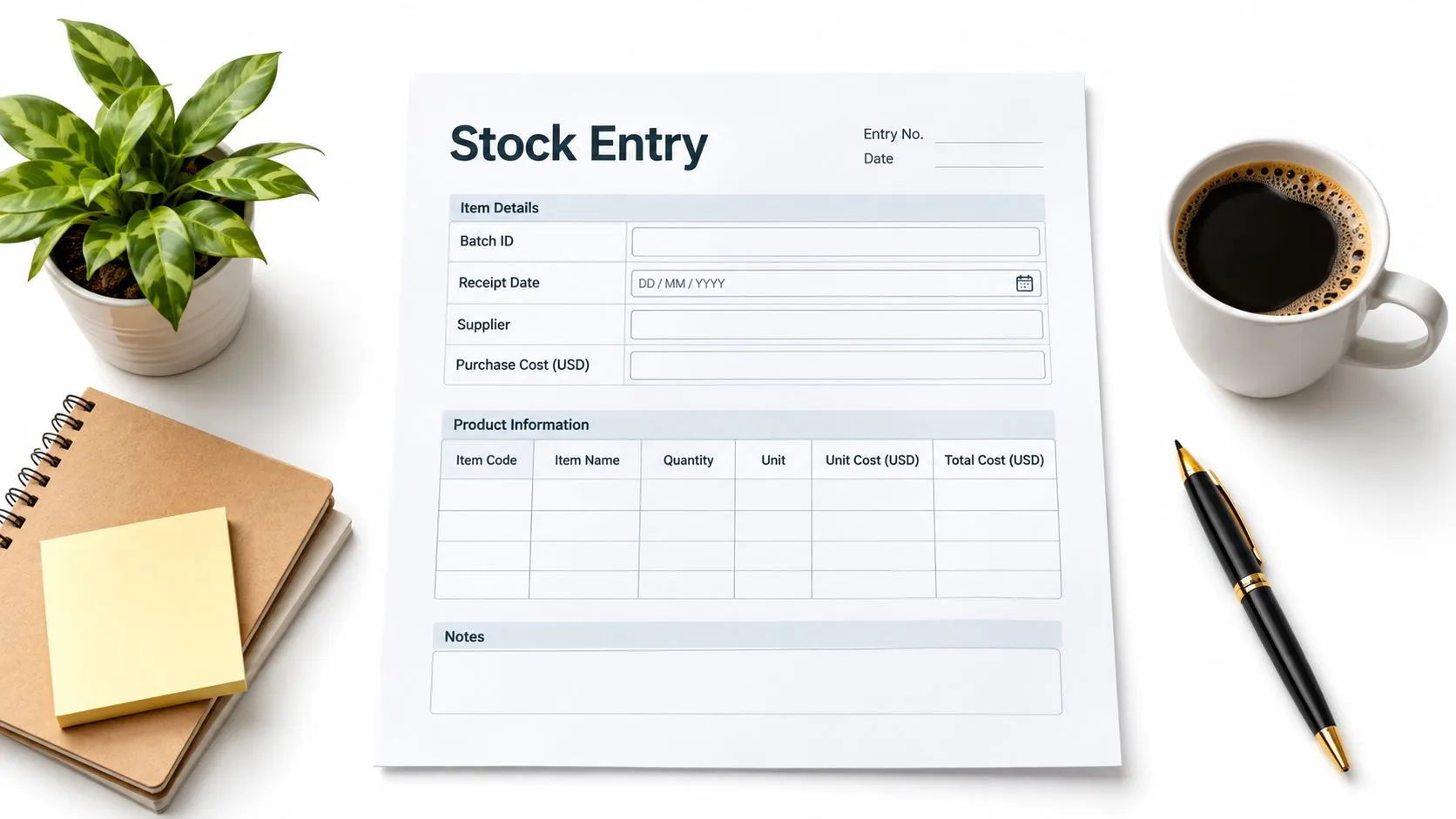 Document de gestion de stock vierge posé sur un bureau à côté d'une tasse de café