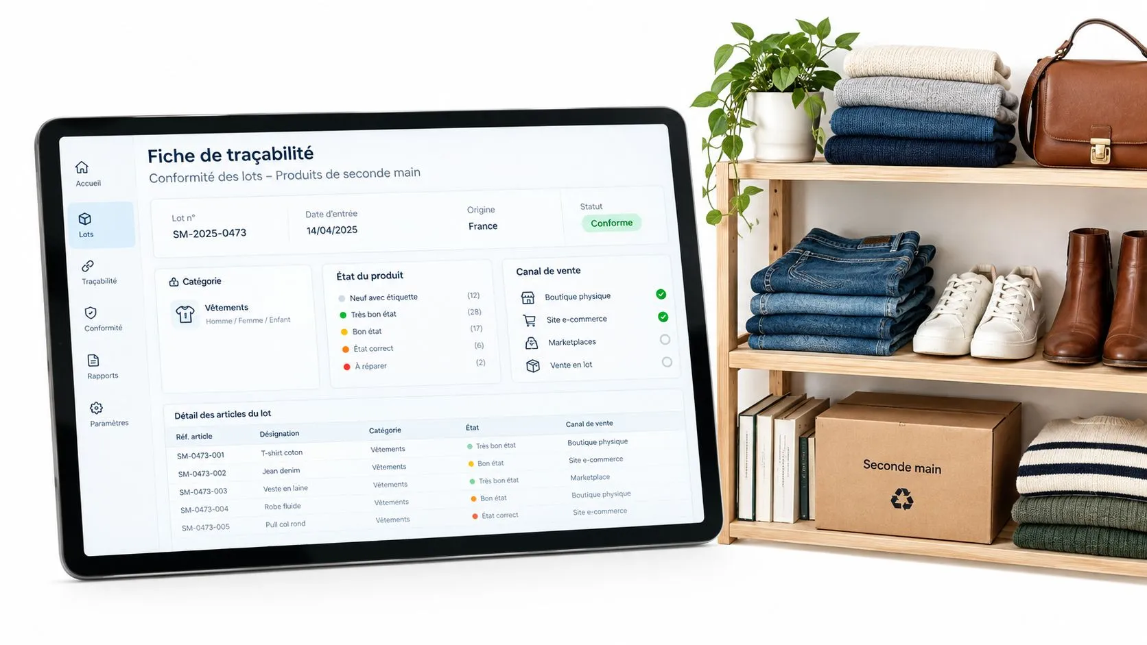 Une tablette affichant une application de gestion de stock sur un bureau à côté d'étagères avec des vêtements.