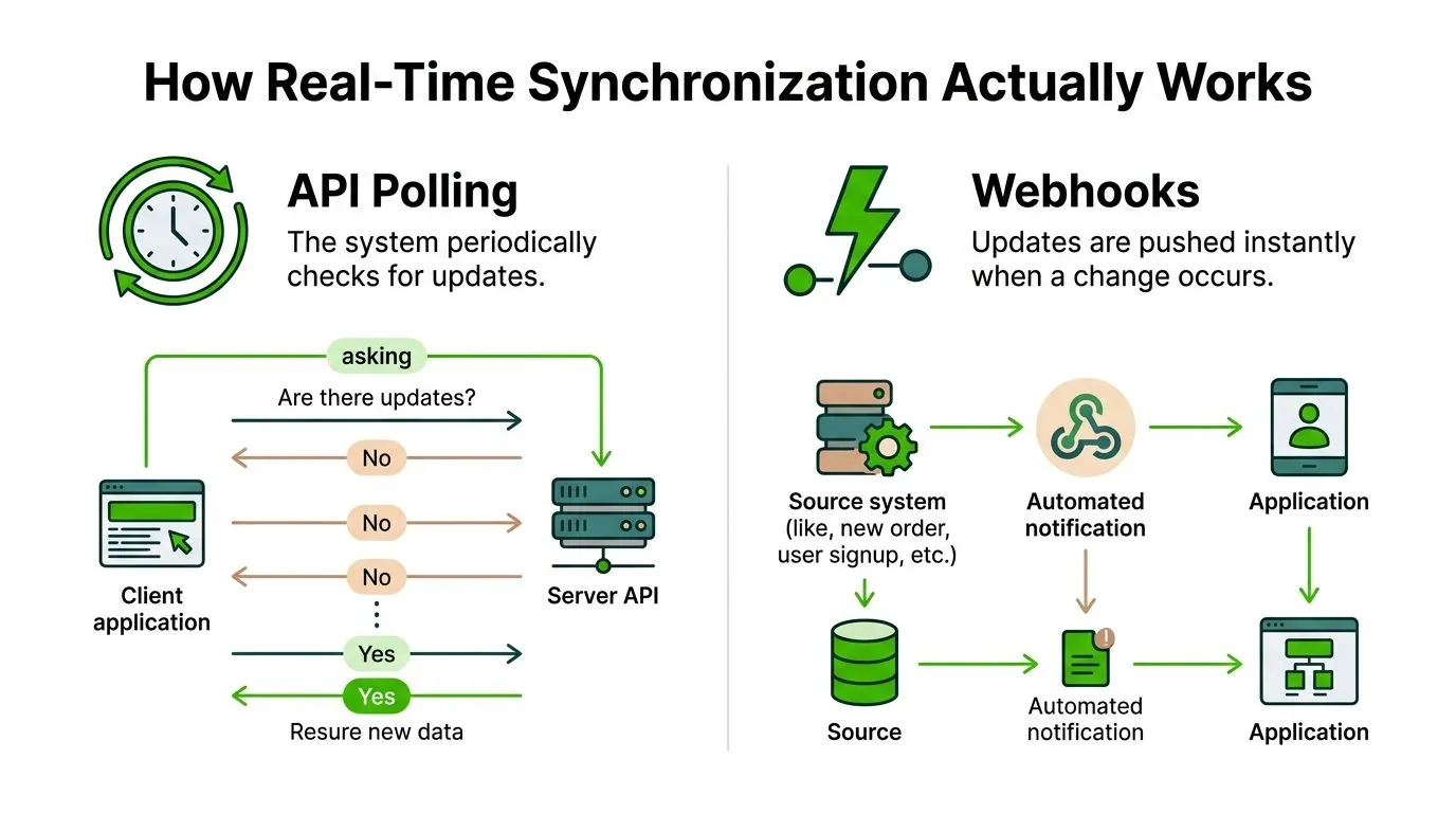 An infographic comparing API polling, where clients repeatedly ask for updates, against webhooks for instant push notifications.