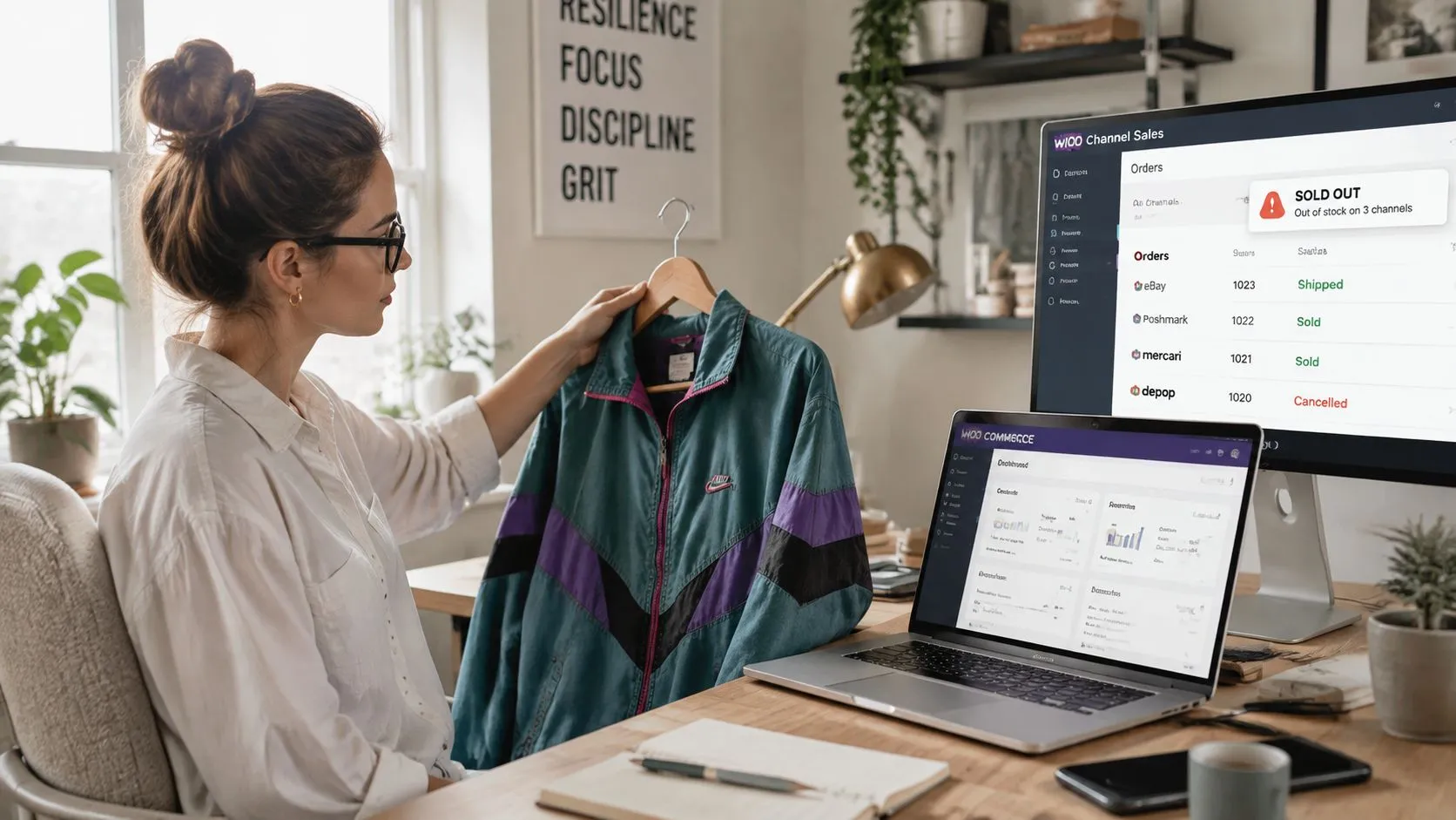 A woman managing online clothing sales across multiple channels using a computer dashboard for inventory tracking.