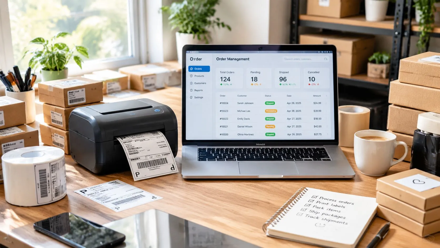 Una mesa de trabajo con computadora, impresora térmica de etiquetas y paquetes listos para enviar al cliente.