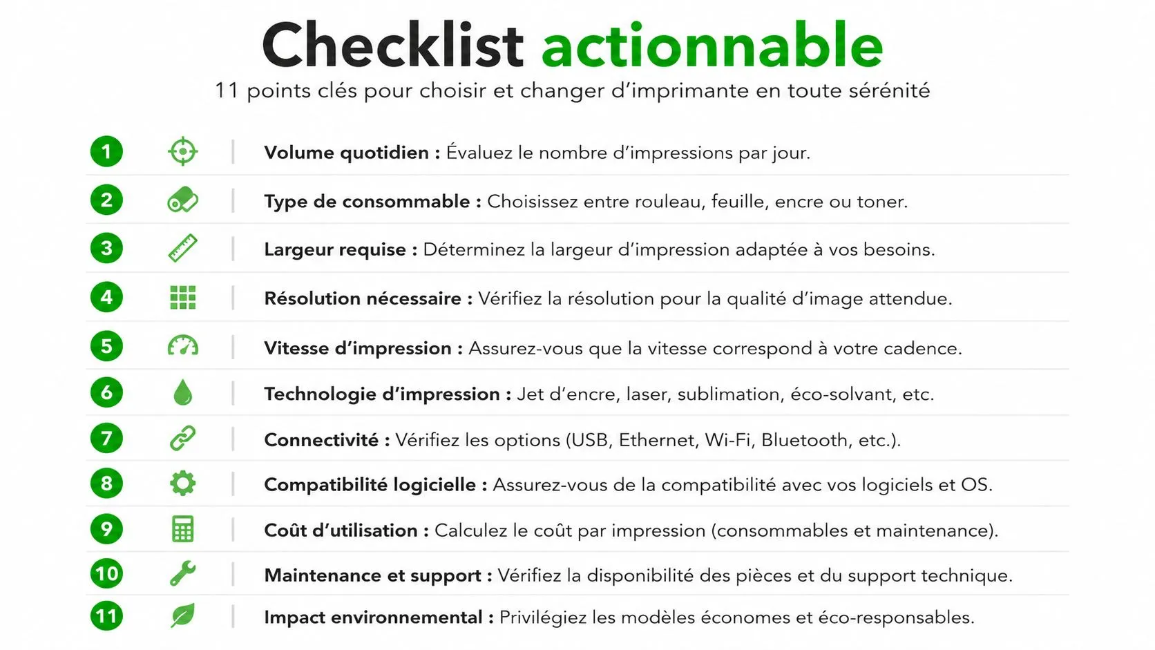Une liste de contrôle de onze points essentiels pour choisir et remplacer une imprimante en toute sérénité.