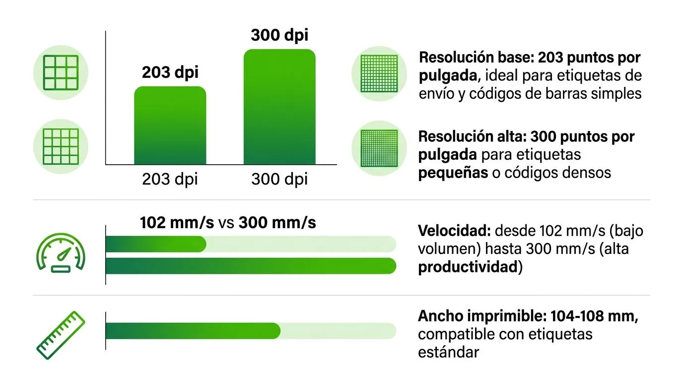 Comparativa de especificaciones técnicas para impresoras térmicas de etiquetas mostrando resolución, velocidad y ancho de impresión.
