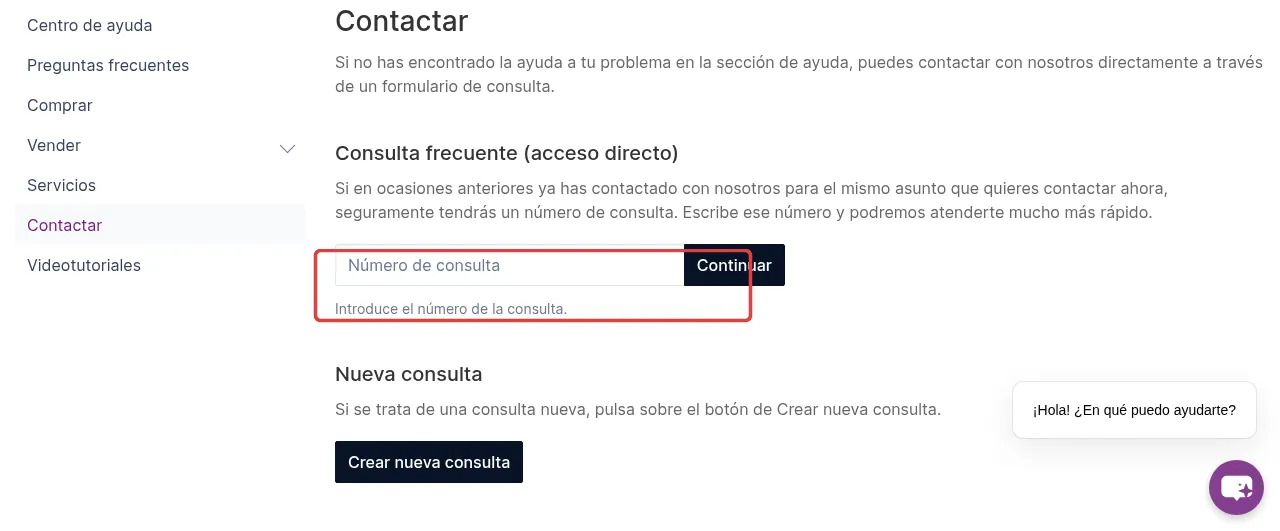 The Contactar page of the Todocolección help center, with the Número de consulta field and the Continuar button marked
