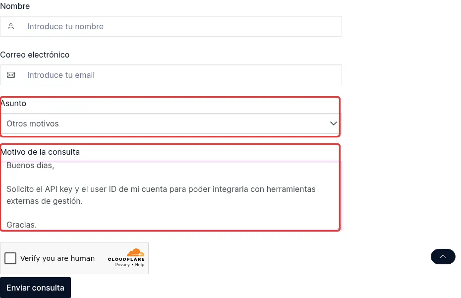 The Todocolección contact form with the name and email fields, the Otros motivos subject selected, a message asking for the API key and the user ID, and the Enviar consulta button