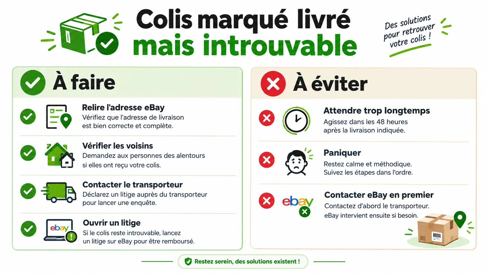 Infographie pratique présentant les étapes à suivre et à éviter si votre colis eBay est marqué livré mais introuvable.