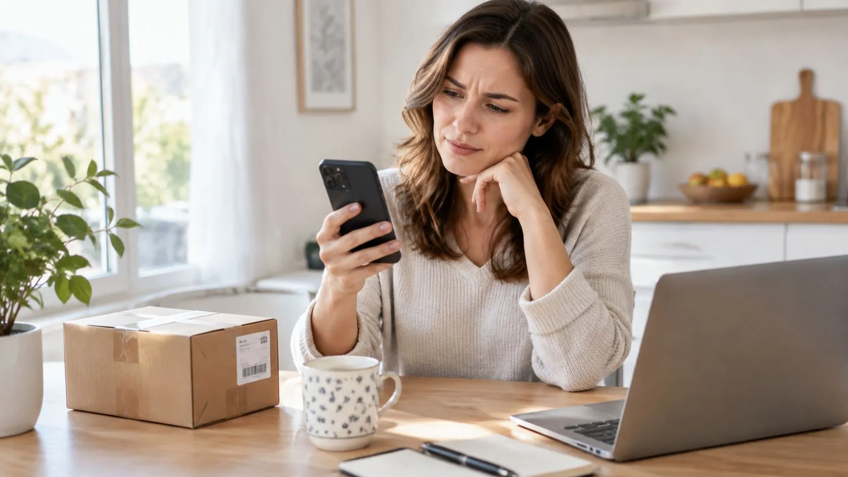 Une femme pensive consulte son smartphone devant un colis fermé, assise à son bureau avec un ordinateur.