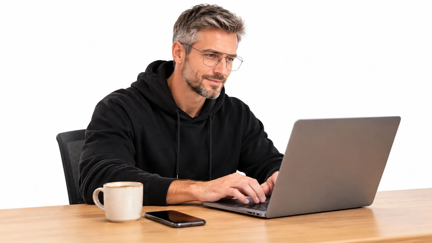 Hombre de negocios con barba y gafas usando una computadora portátil en su escritorio de madera