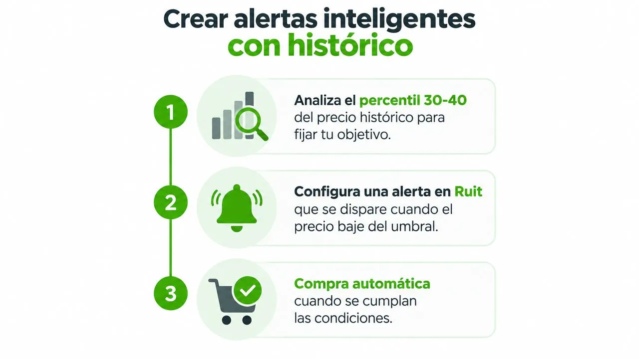 Infografía de tres pasos para configurar alertas de precios automáticas en la plataforma Ruit.