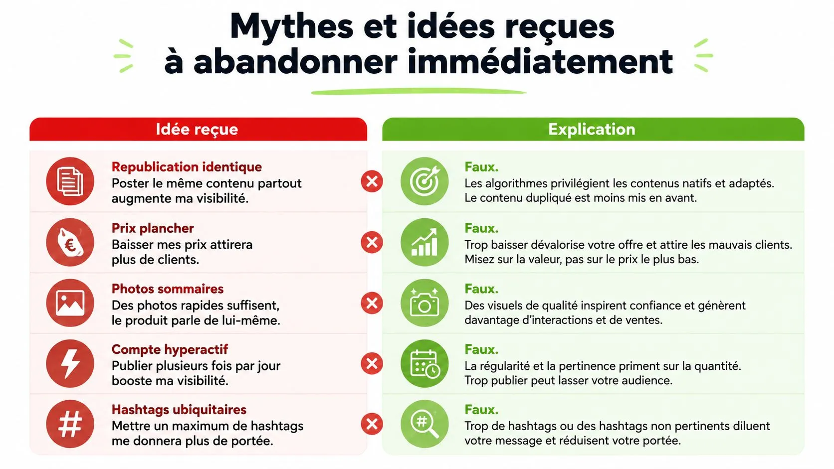 Tableau comparatif des mythes et des réalités sur l'algorithme de Vinted et la visibilité des annonces.