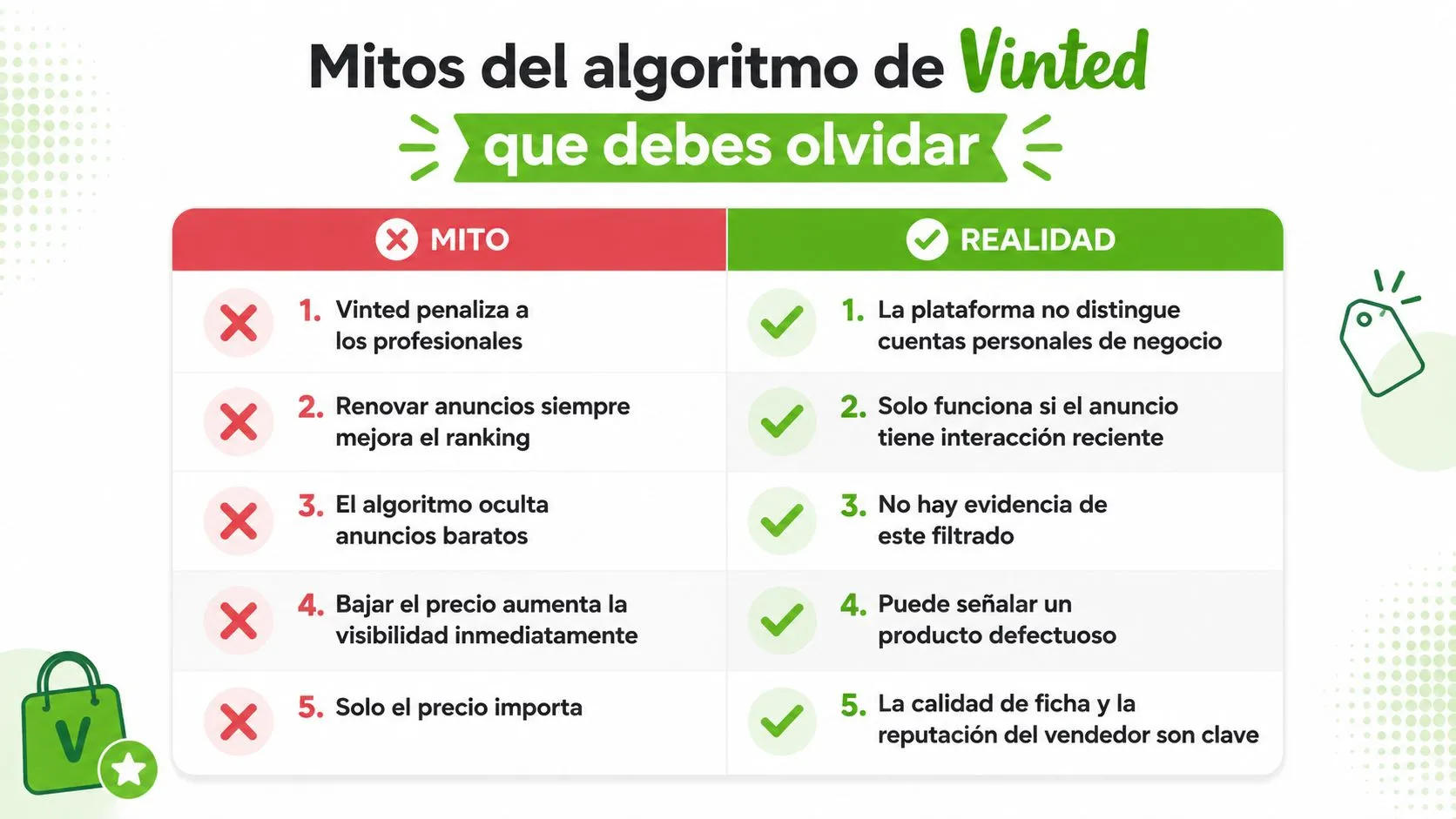 Una tabla comparativa que desmiente cinco mitos comunes sobre el algoritmo de ventas en Vinted.