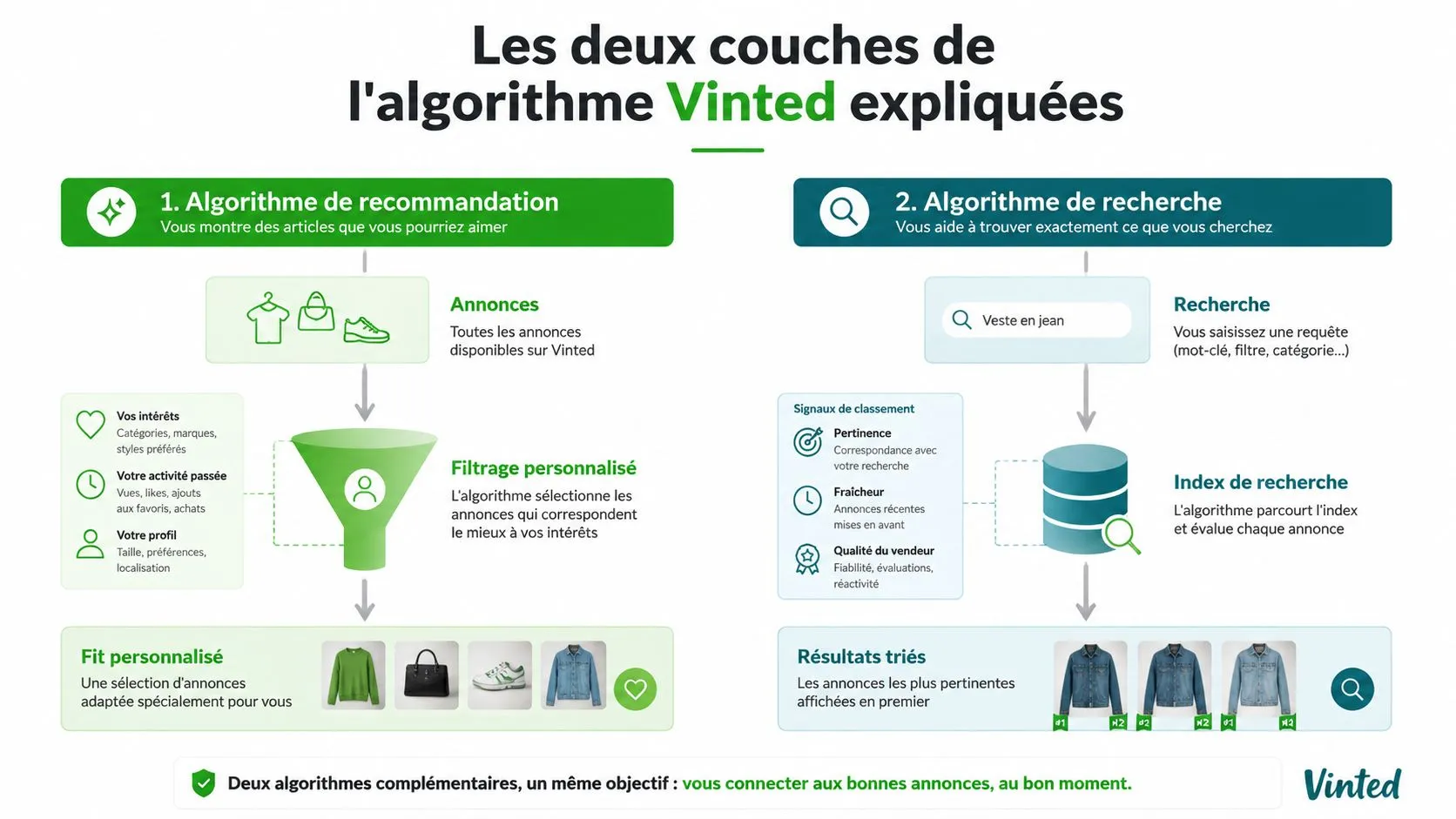 Infographie expliquant le fonctionnement des deux algorithmes de Vinted : la recommandation personnalisée et la recherche.