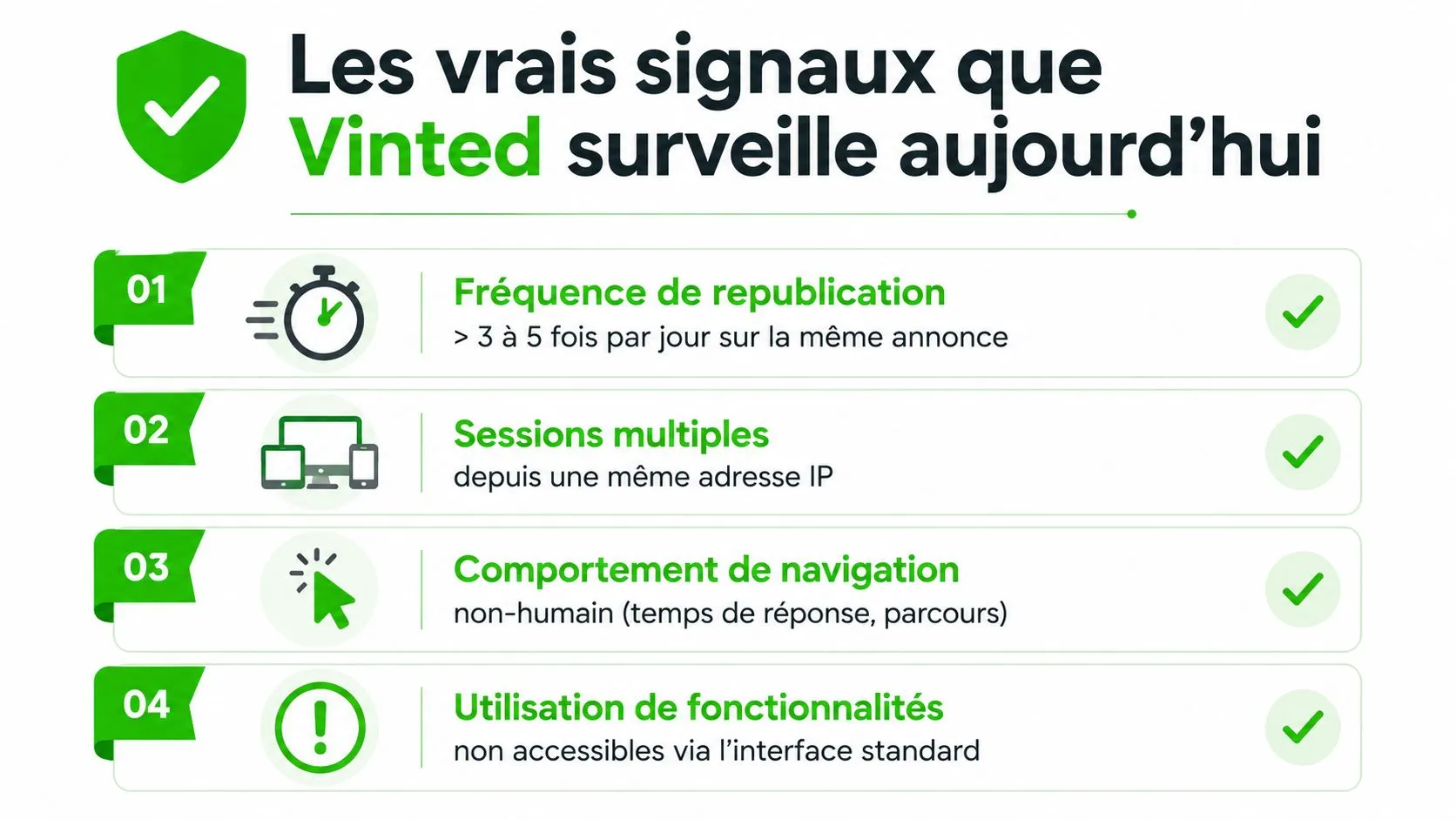 Infographie montrant les quatre signaux surveillés par Vinted pour détecter les comportements automatisés ou suspects.