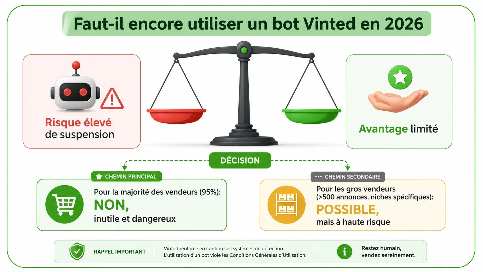 Infographie expliquant pourquoi utiliser un bot Vinted en 2026 est risqué et généralement déconseillé pour les vendeurs.