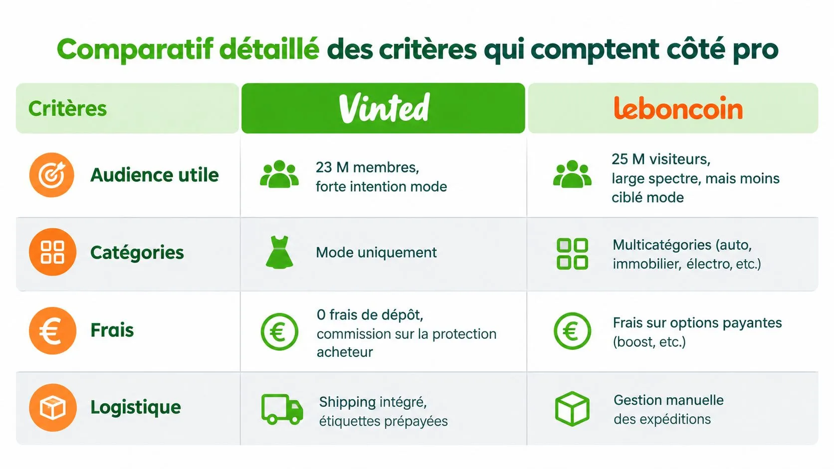 Tableau comparatif des critères professionnels entre les plateformes de vente en ligne Vinted et leboncoin.