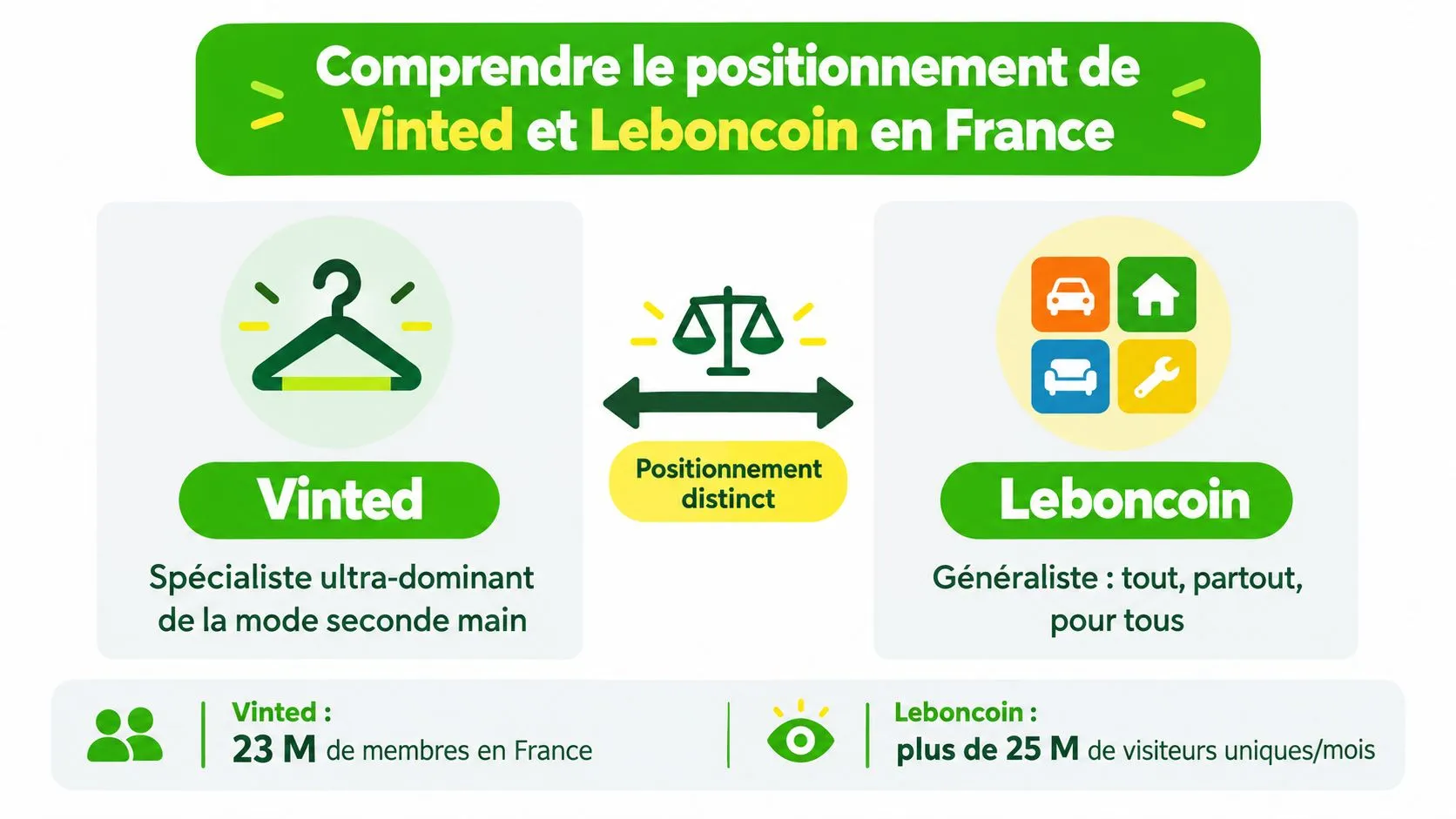 Comparaison entre les plateformes de vente d'occasion Vinted et Leboncoin en France, illustrant leurs positionnements respectifs.