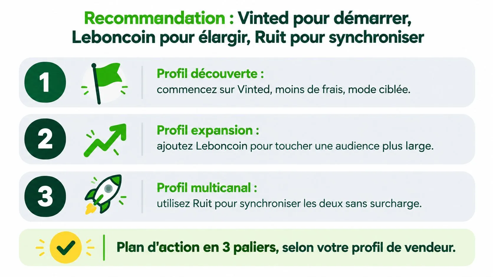 Une infographie montrant un plan d'action en trois étapes pour vendre sur Vinted, Leboncoin et Ruit.