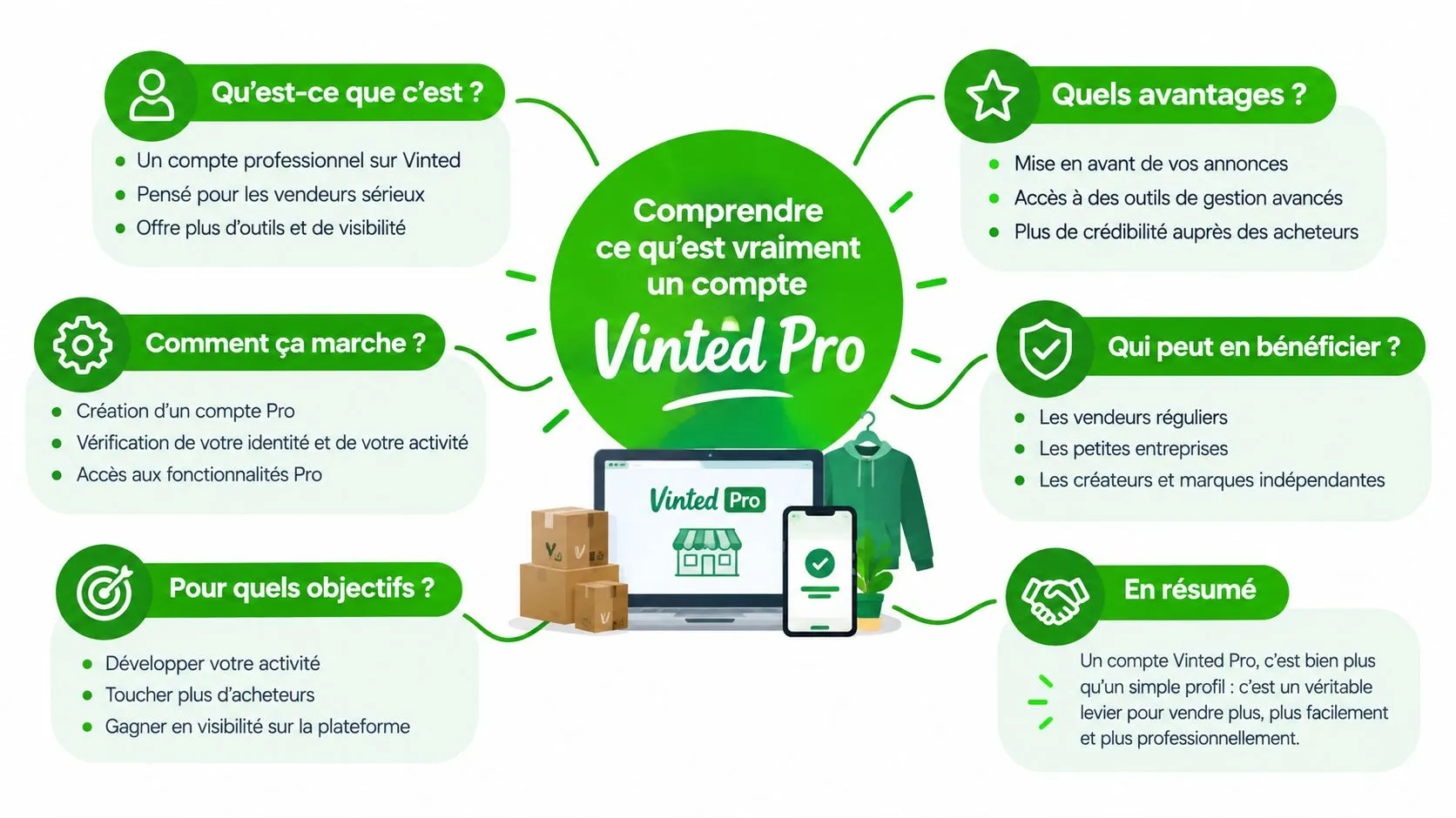 Infographie présentant les avantages, le fonctionnement et les objectifs d'un compte professionnel Vinted Pro pour les vendeurs.