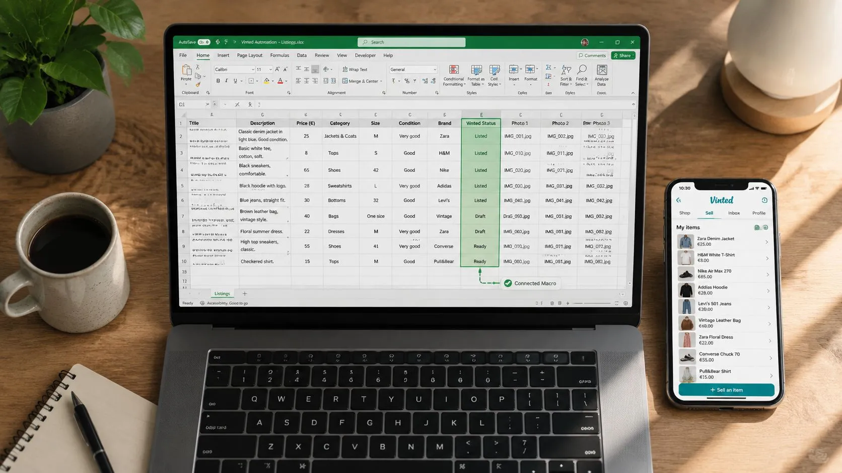 Un classeur Excel de suivi d'annonces Vinted ouvert sur un portable, avec une macro connectée qui met à jour la colonne de statut, à côté d'un téléphone affichant les mêmes articles dans l'application Vinted.