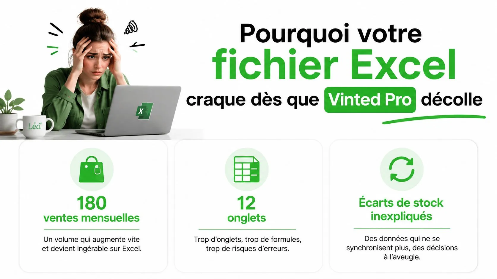Une femme stressée devant un ordinateur illustrant les limites d'Excel pour gérer un compte Vinted Pro professionnel.