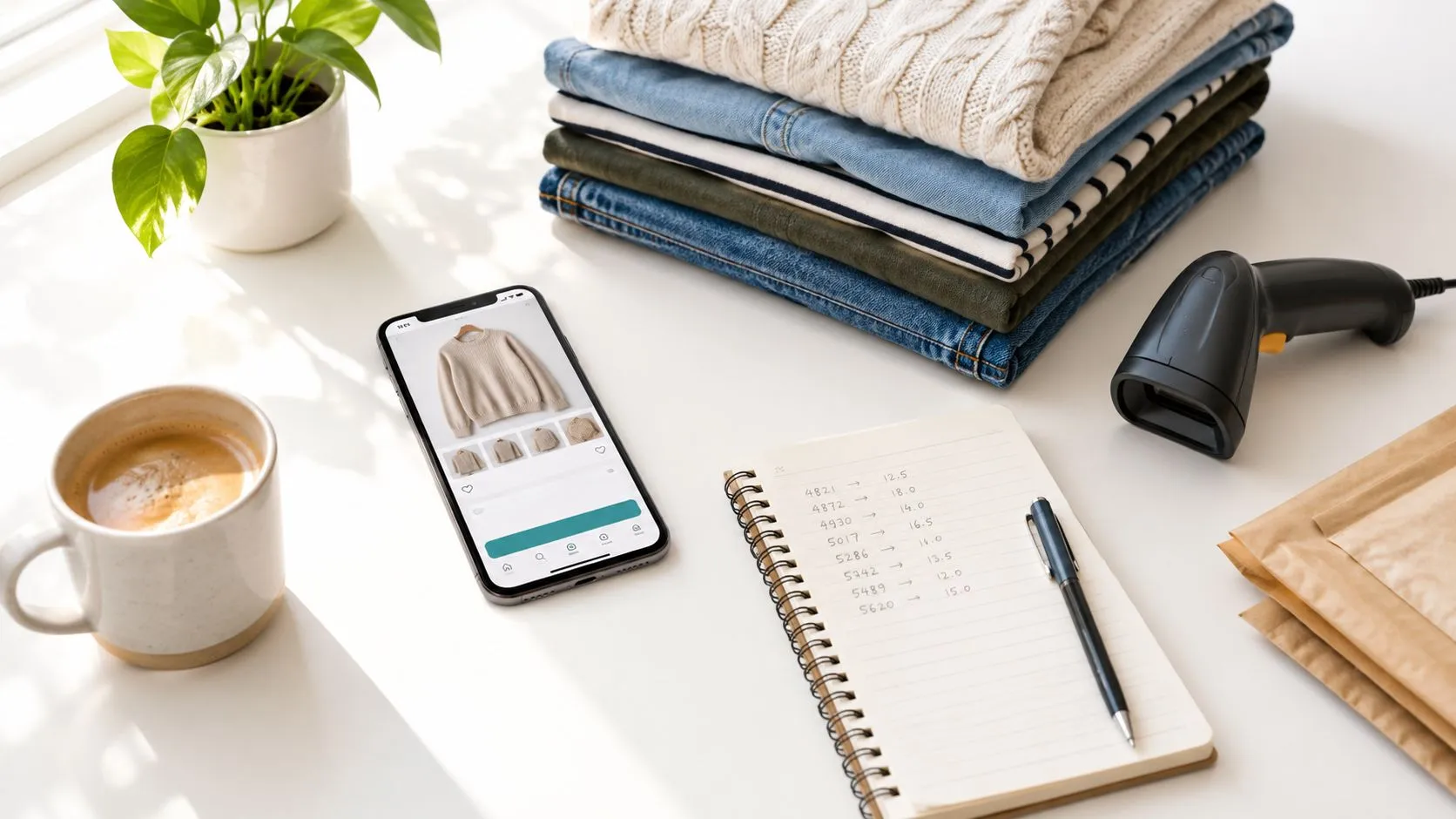 Vue aérienne d'un espace de travail pour la revente de vêtements, incluant un smartphone, des habits et un scanner.