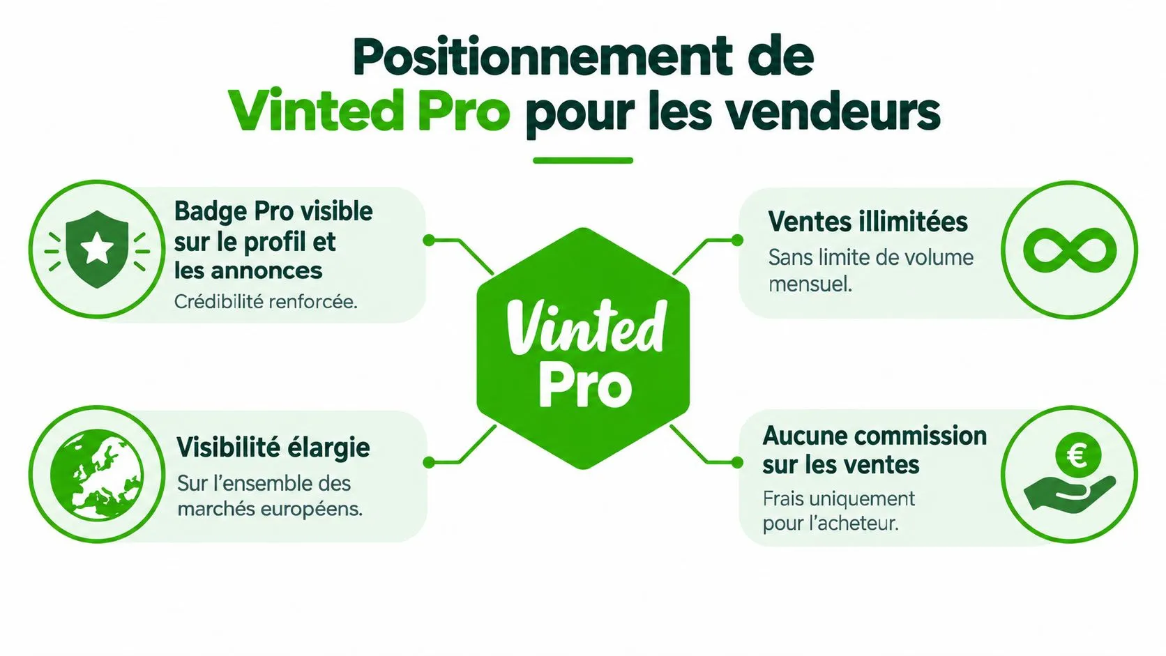 Infographie présentant les avantages du compte Vinted Pro pour les vendeurs professionnels sur la plateforme.