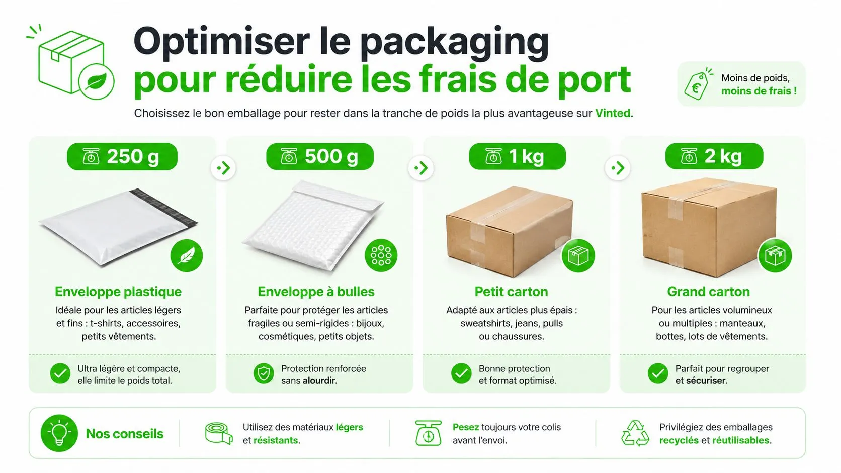 Infographie illustrant les meilleures options d'emballage pour optimiser les frais de port sur Vinted selon le poids.