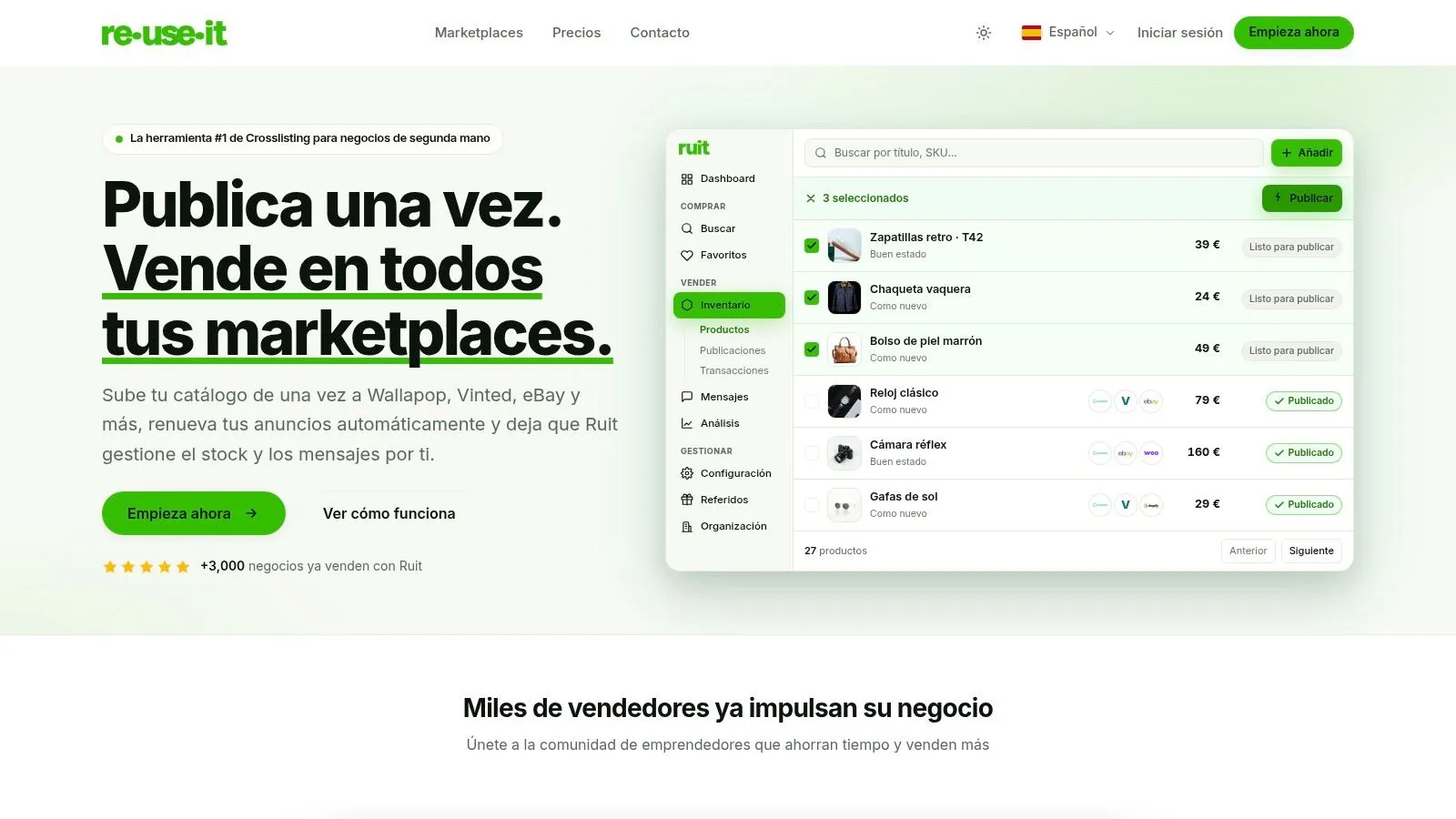 Panel de inventario de Ruit con tres artículos seleccionados y listos para publicar, junto a otros ya publicados en varios marketplaces.