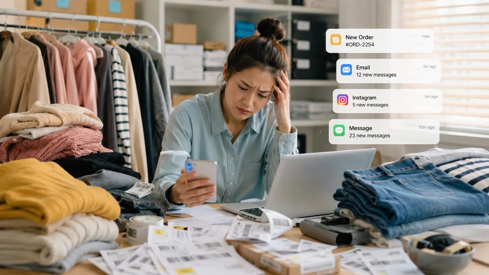 Una emprendedora joven se siente abrumada trabajando en pedidos online rodeada de mucha ropa y etiquetas.