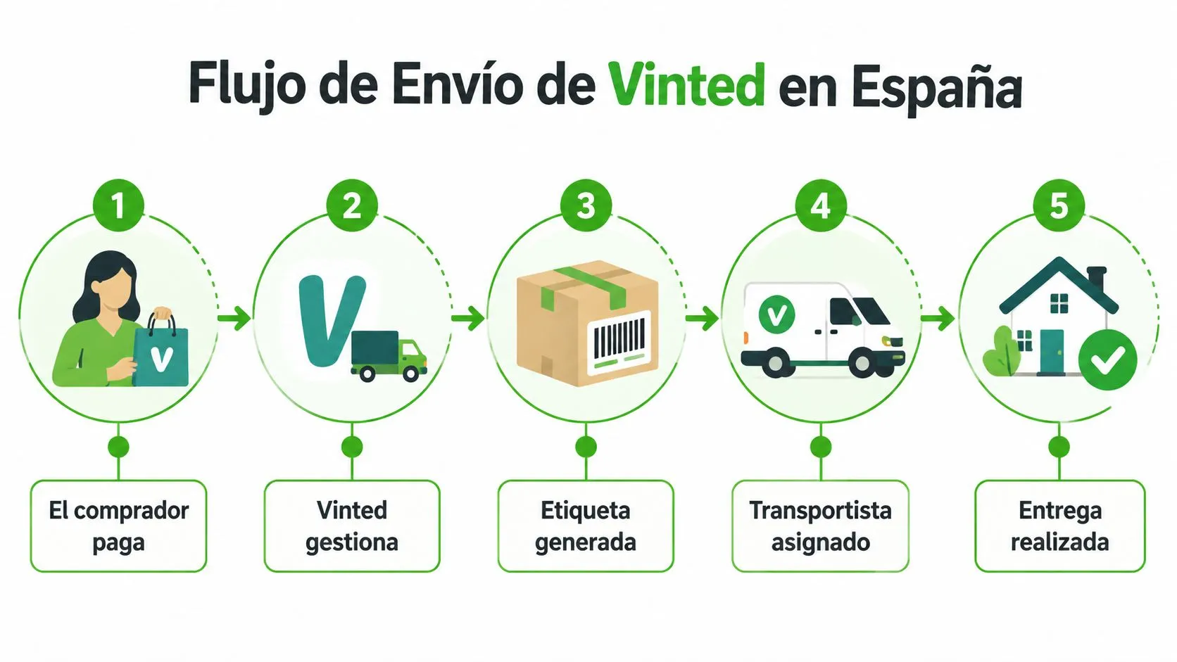 Infografía que muestra el proceso paso a paso de los envíos de Vinted en España.