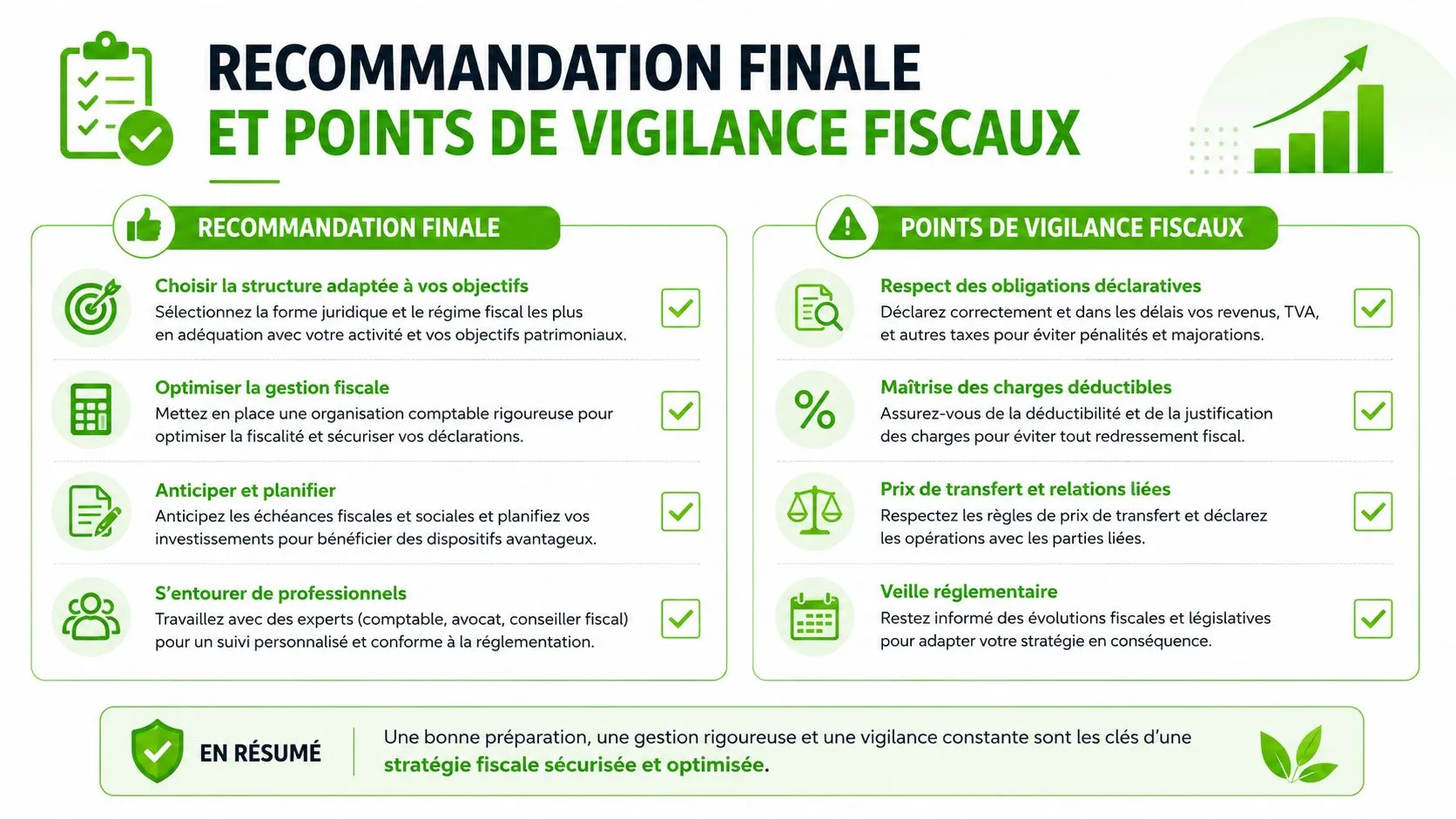 Infographie présentant des conseils stratégiques pour optimiser la gestion fiscale et assurer la conformité des entreprises.