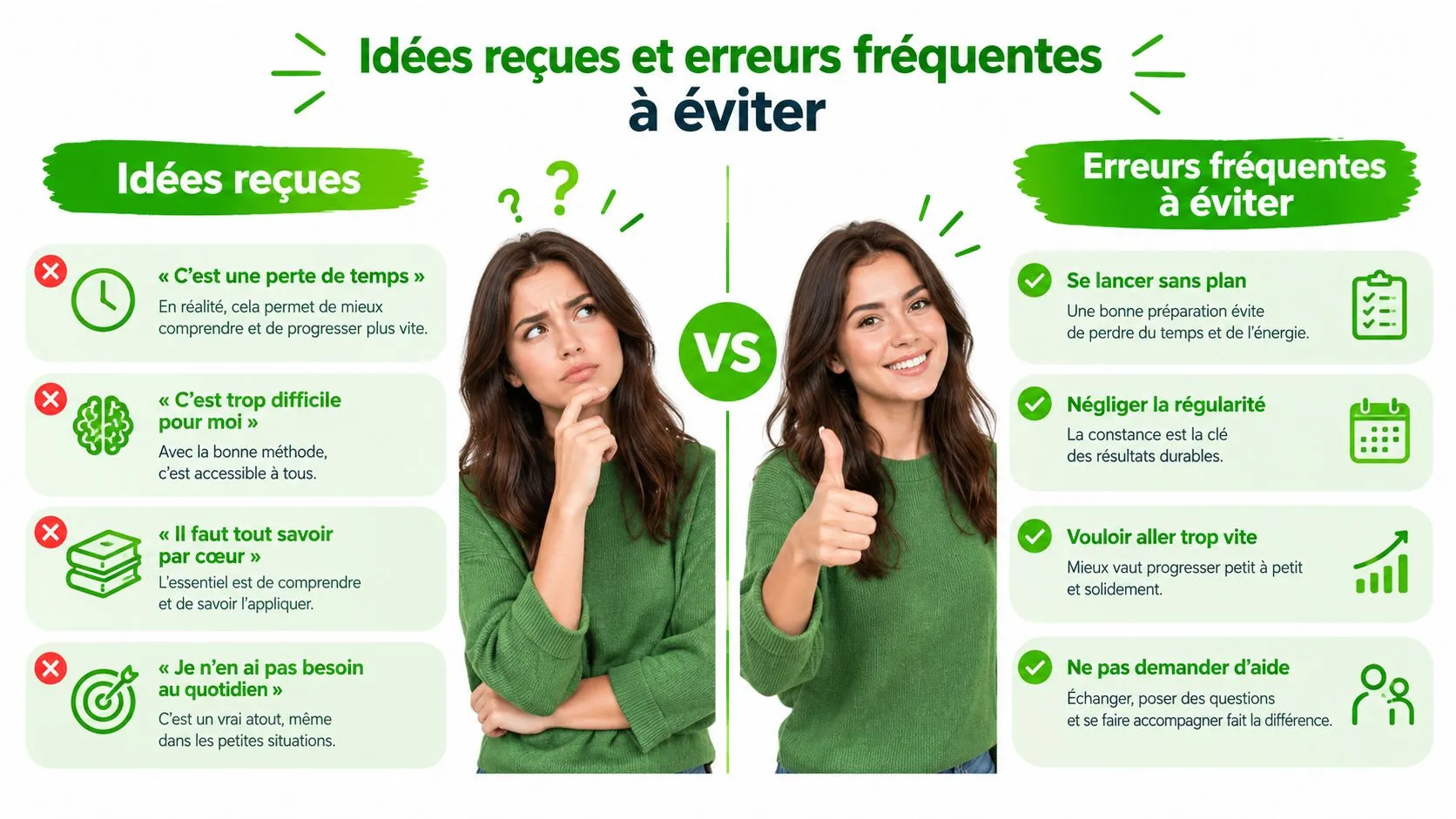 Infographie montrant des idées reçues et des erreurs fréquentes à éviter pour améliorer son apprentissage quotidien.