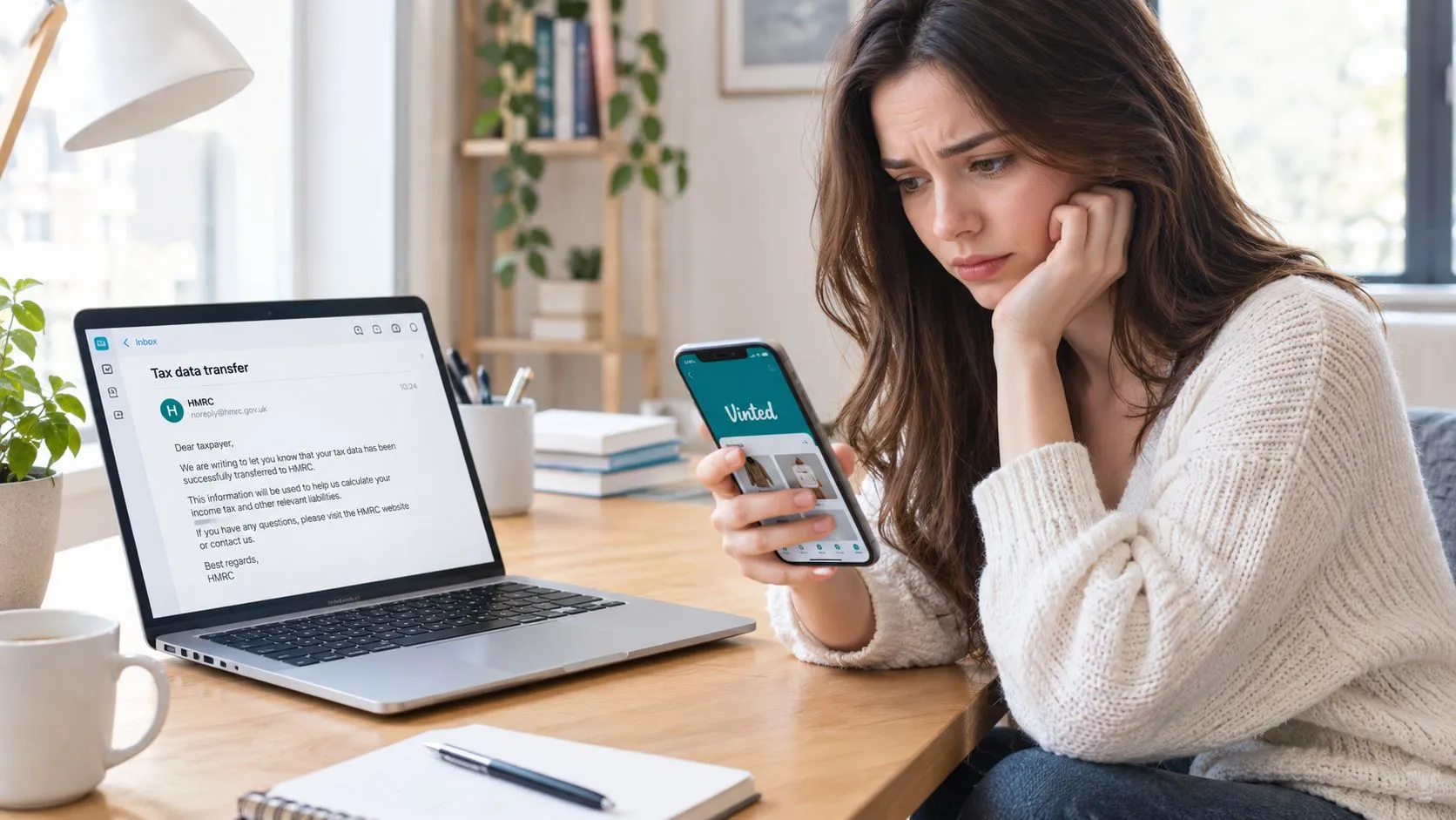 Une femme préoccupée consulte une notification de l'administration fiscale sur son ordinateur portable tout en utilisant Vinted.