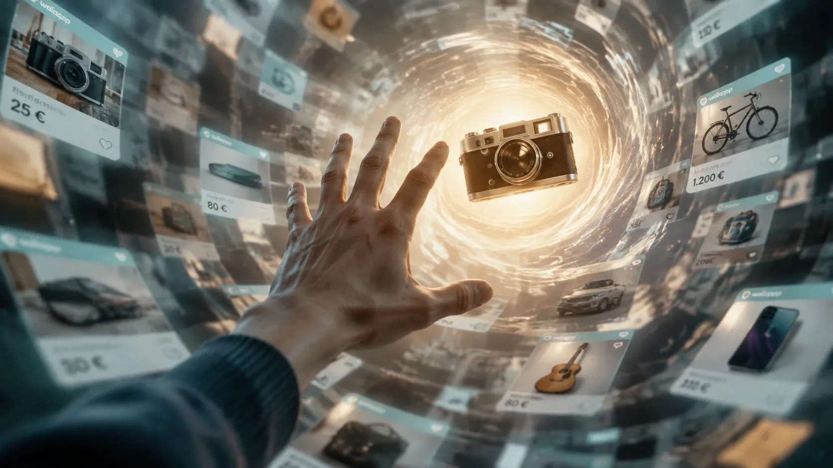 Una mano humana alcanzando una cámara vintage flotando dentro de un túnel futurista lleno de productos Wallapop.