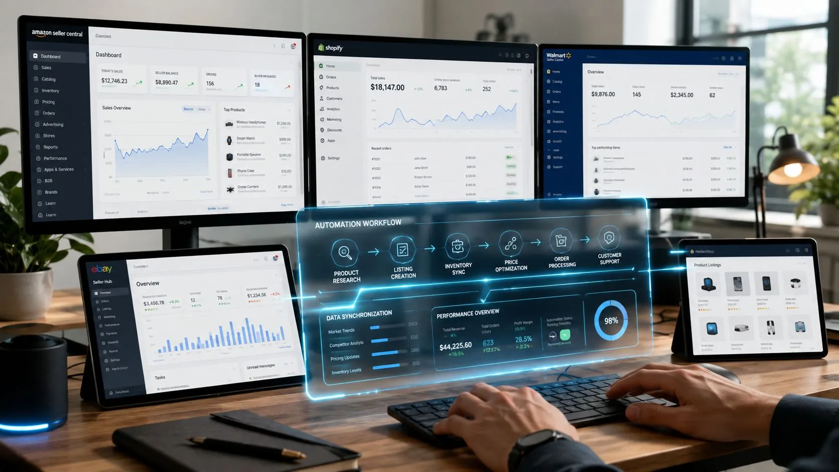 Escritorio con múltiples monitores mostrando paneles de control para la gestión automatizada de ventas en plataformas digitales.