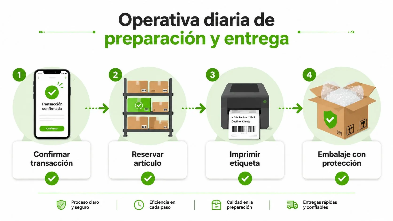 Infografía sobre la operativa diaria de preparación y entrega de envíos en cuatro pasos claros y seguros.