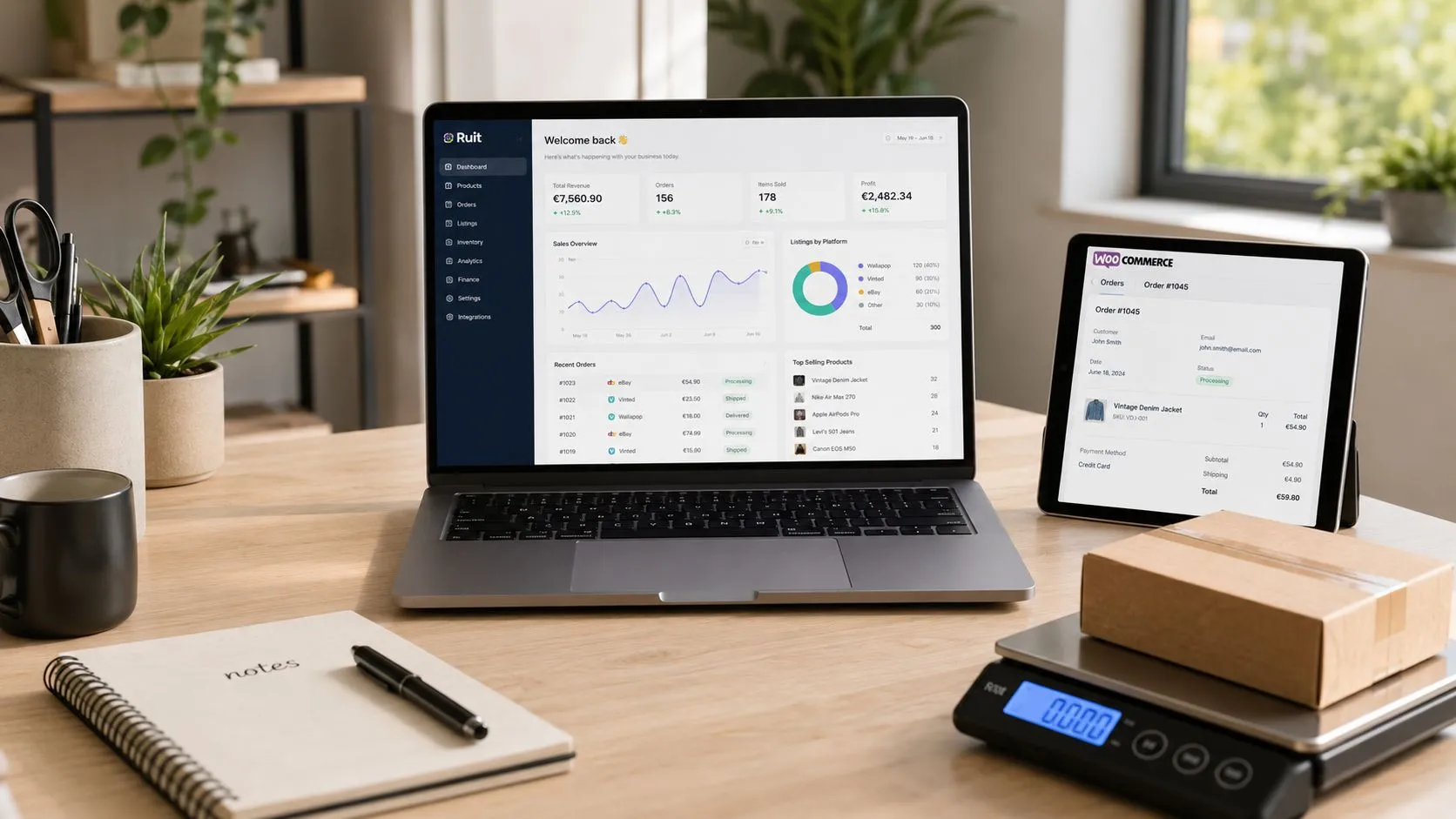 Un escritorio con ordenador portátil, tableta, libreta y paquete sobre una báscula para envíos de comercio electrónico.