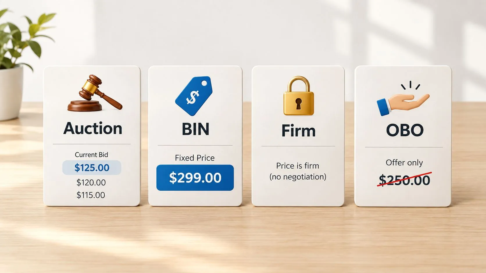 Four white cards displaying pricing methods: Auction, BIN, Firm, and OBO, presented on a wooden desk.