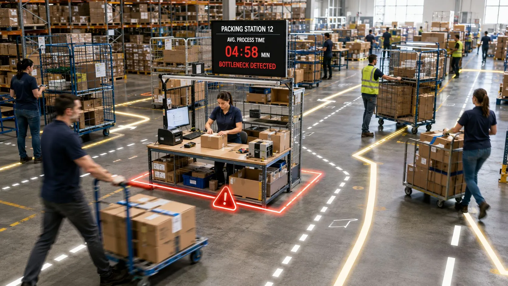 A modern warehouse worker monitors a digital display showing a bottleneck at a packing station.