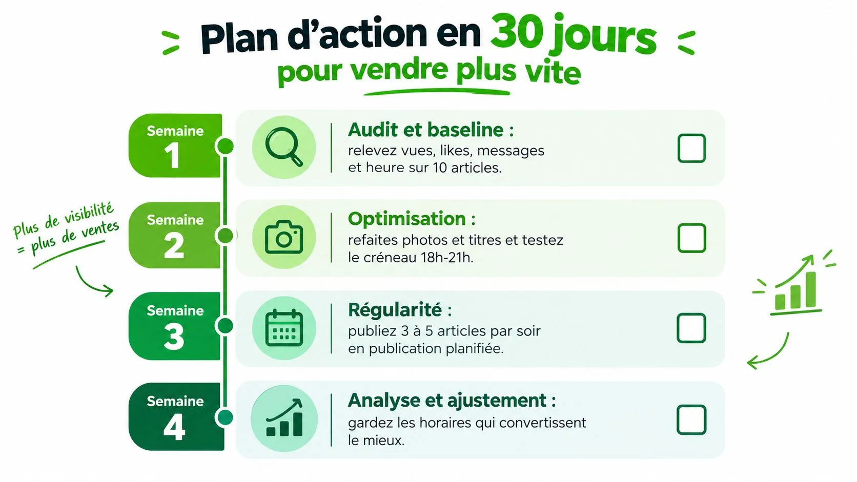 Infographie détaillant un plan d'action de 30 jours pour augmenter les ventes sur Vinted efficacement.