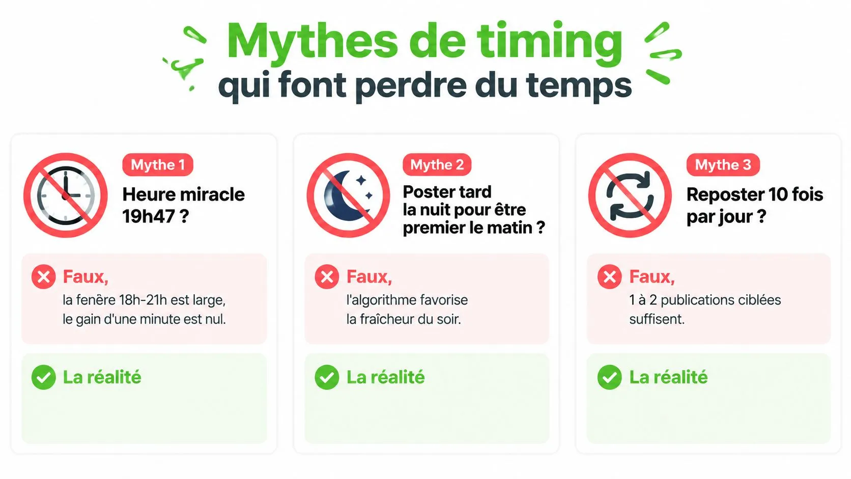 Une infographie démentant trois mythes populaires sur le meilleur moment pour publier du contenu en ligne.