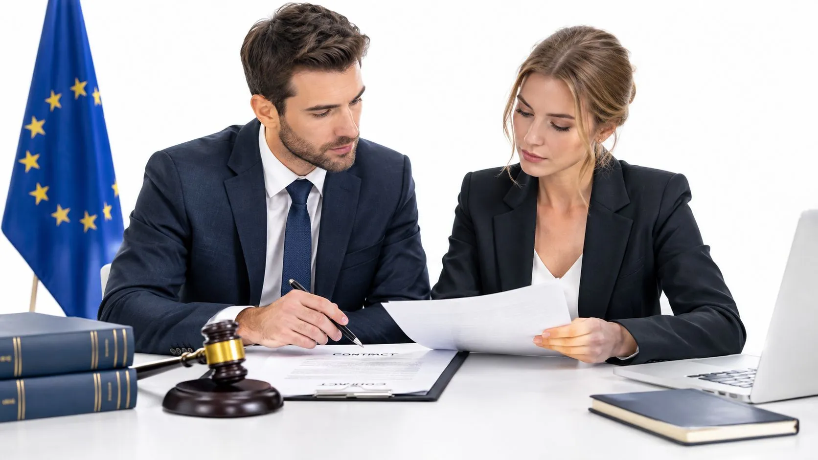A professional man and woman in business suits reviewing a contract near a gavel and European flag.