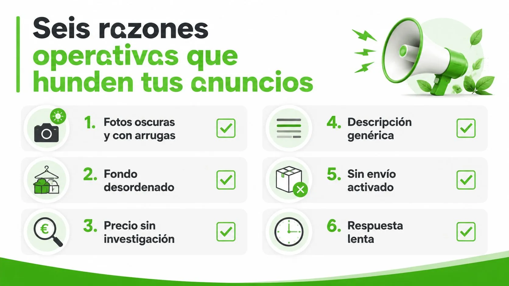 Infografía con seis consejos prácticos para optimizar anuncios y mejorar las ventas en plataformas de segunda mano.