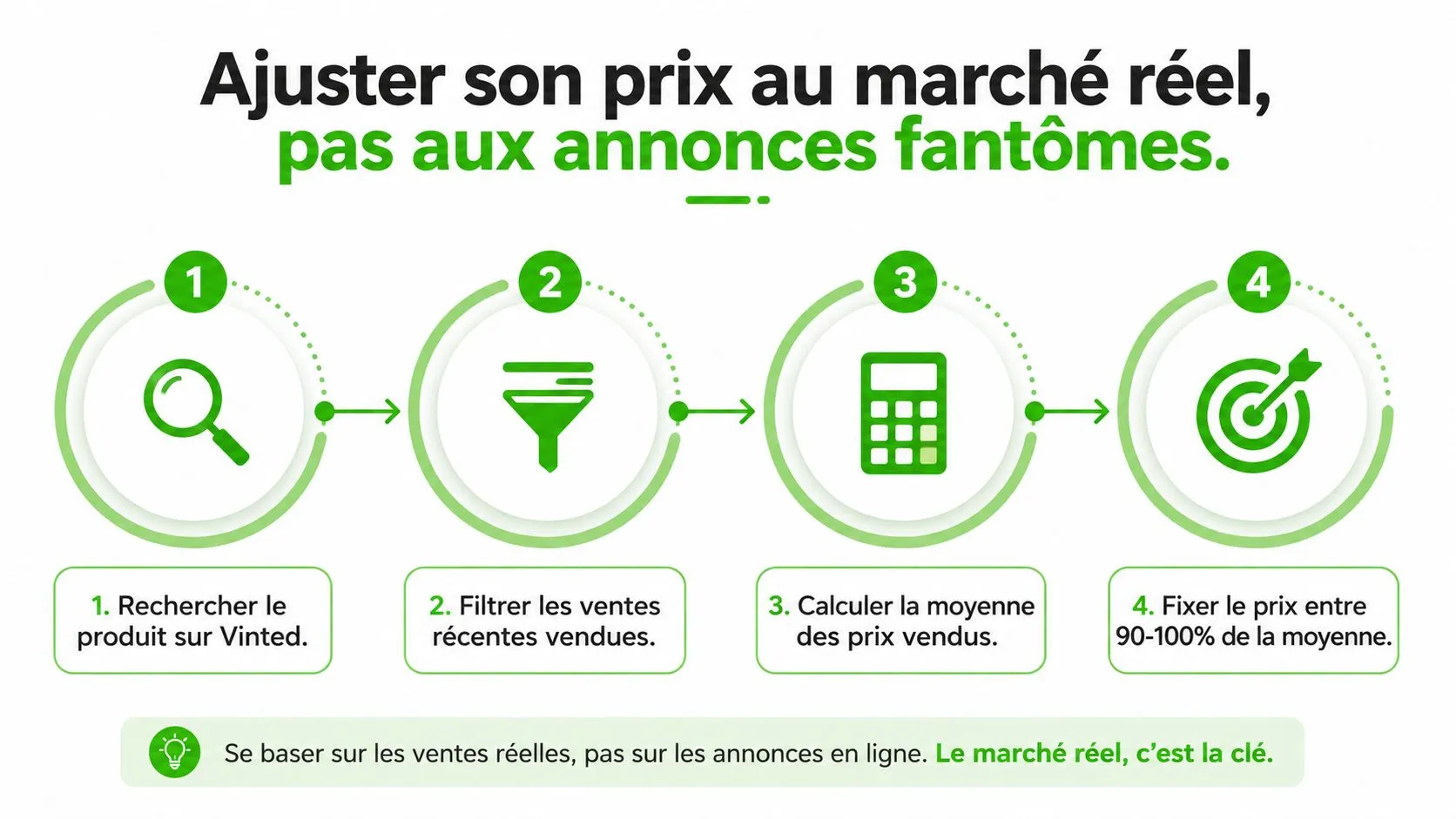 Infographie en quatre étapes pour fixer le prix de vente d'un produit sur la plateforme Vinted.