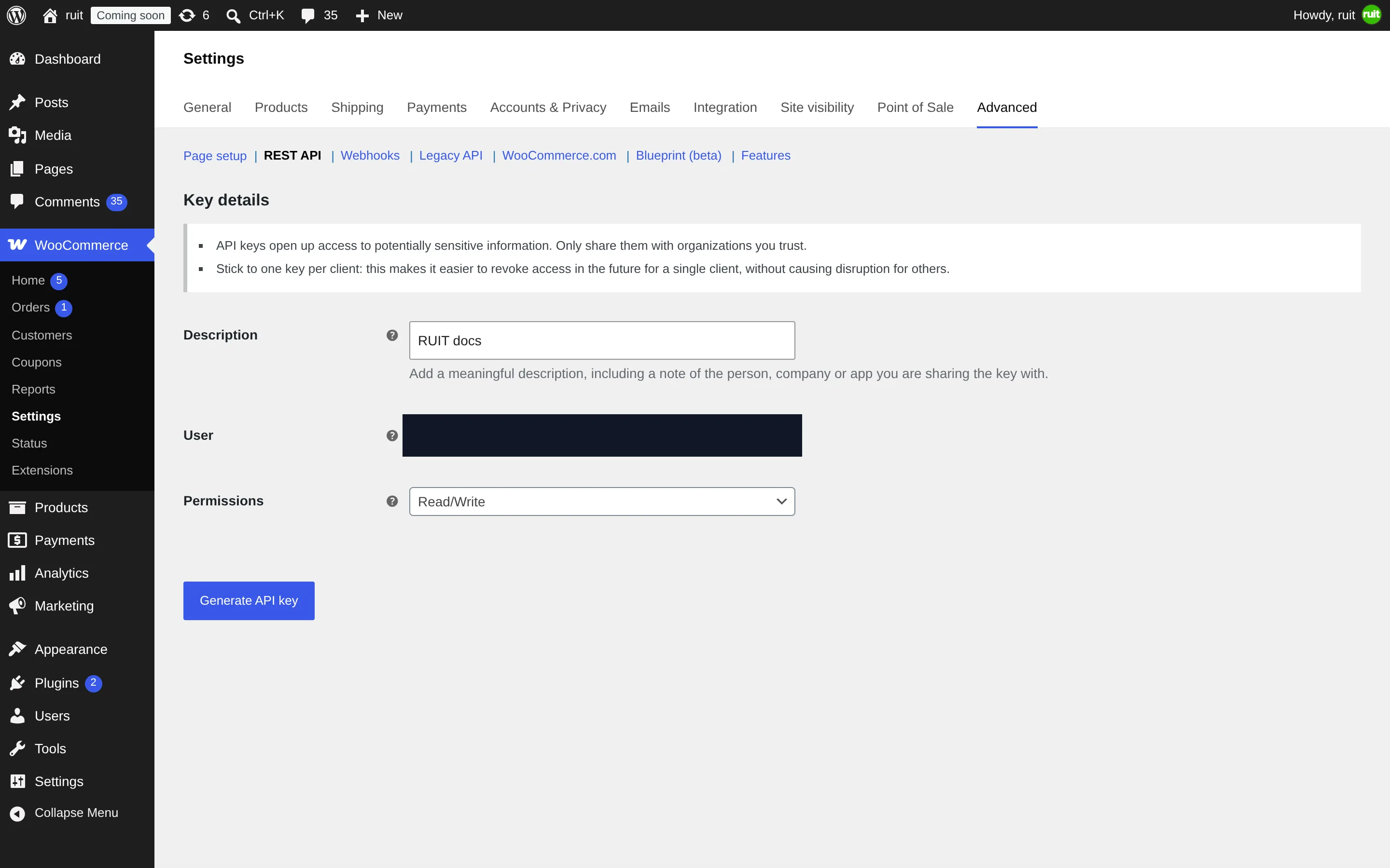 The new key form in WooCommerce: the description field, the user selector, the permissions selector with Read/Write chosen and the button for generating the key