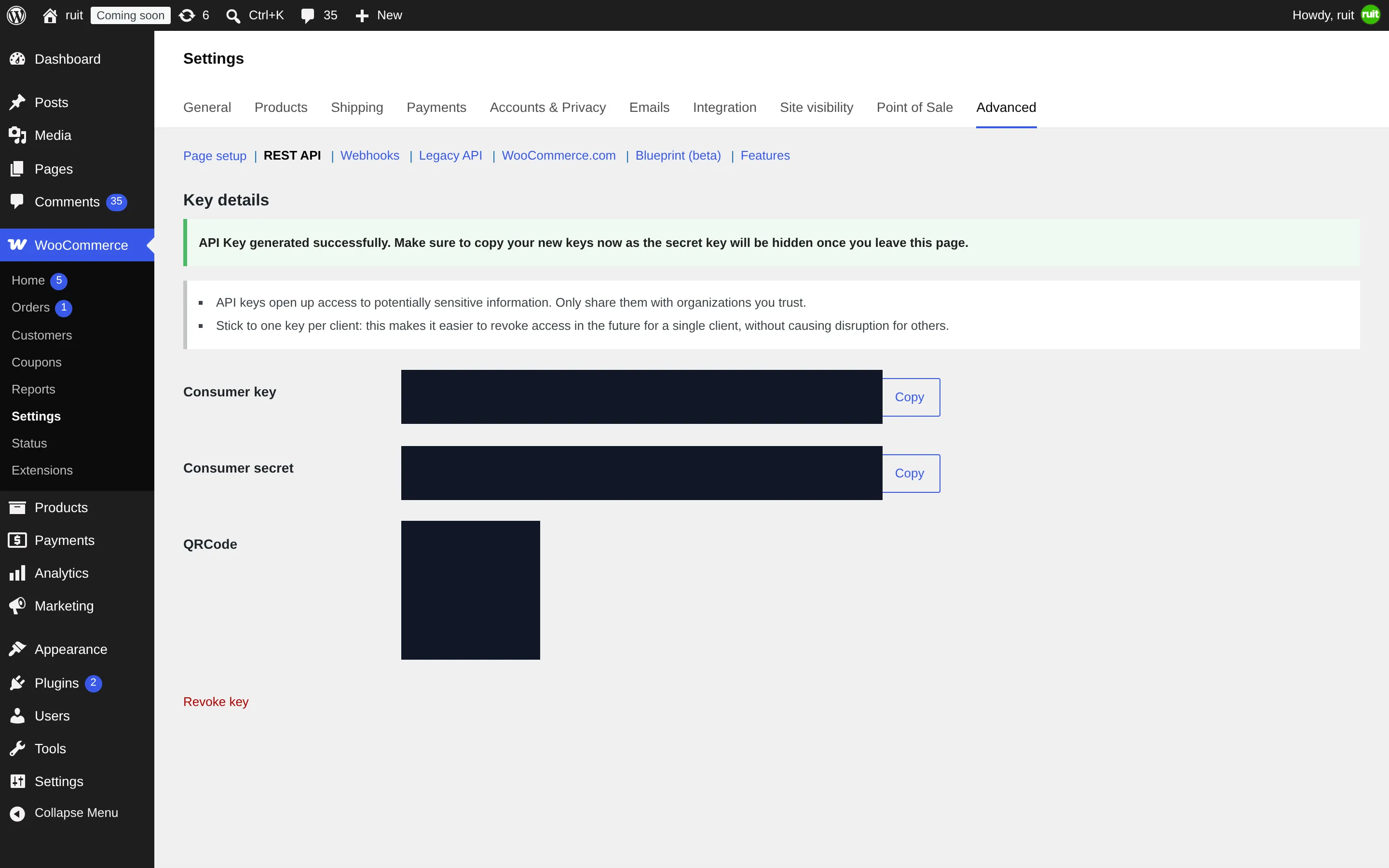 The WooCommerce page after generating the key: the notice to copy the keys now, the consumer key and consumer secret fields with their copy buttons, and the QR code